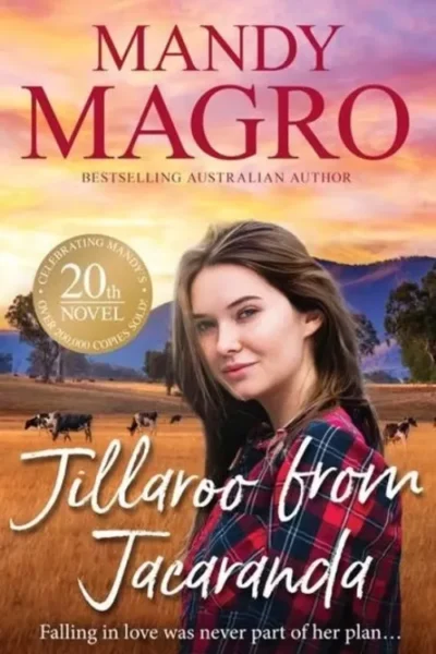 Cover of "Jillaroo from Jacaranda" by Mandy Magro, featuring a woman in a flannel shirt against a rural landscape.